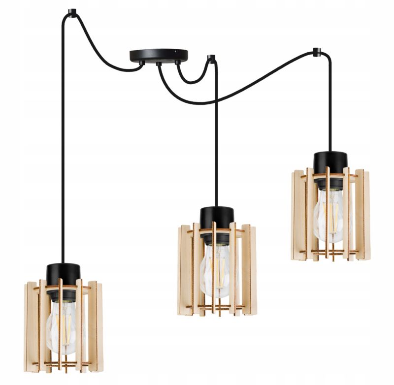 Lampa sufitowe wisząca Light Home LH Timber Spider 3x E27 60W klosz drewno tuba czarny 1szt.