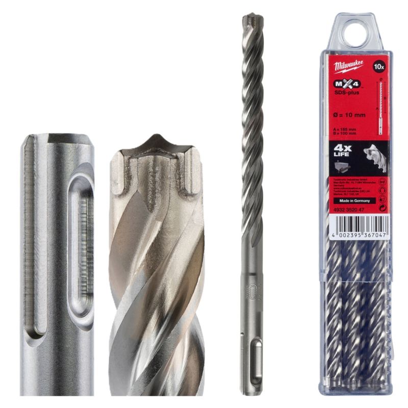 Wiertła SDS Plus Milwaukee MX4 Czteroostrzowe 10x100/165 mm 10szt