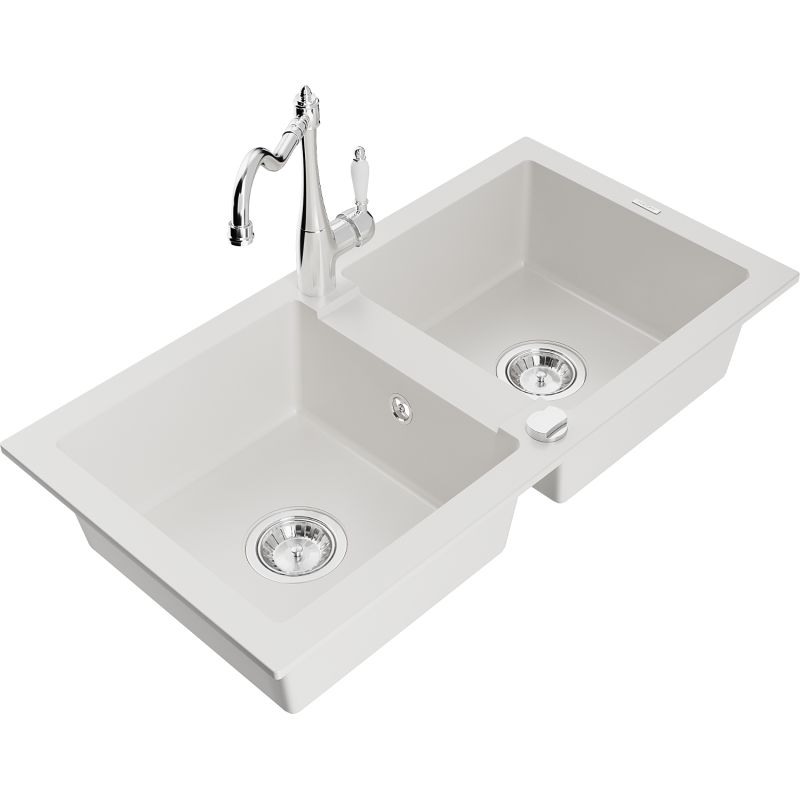 Zlewozmywak granitowy 2-komorowy Mexen Mario z baterią kuchenną Carla biały 6504-20-670700-00