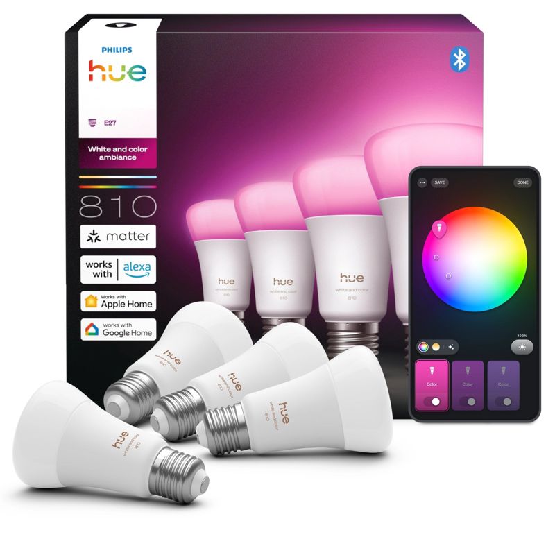 Żarówka LED Philips HUE E27 A60 6W 810lm 1800-20000K CCT RGB Inteligentna Bluetooth White and Color Ambiance 4 szt.