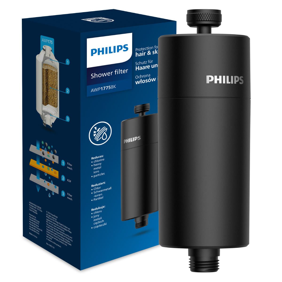 Filtr prysznicowy PHILIPS AWP1775BK w kolorze czarnym. Usuń chlor, chroń włosy.