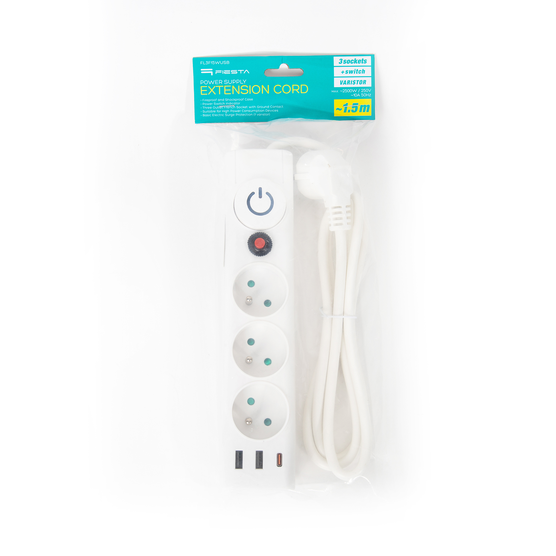 FIESTA Listwa zasilająca 1,5m 46086 3 GNIAZDA 10A 3xUSB FL3F15WUSB BIAŁA - Henryx24