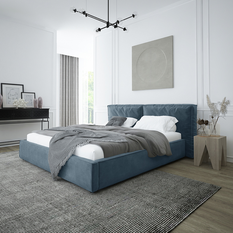 Niebieskie łóżko tapicerowane do sypialni z pojemnikiem 160x200 PALISE