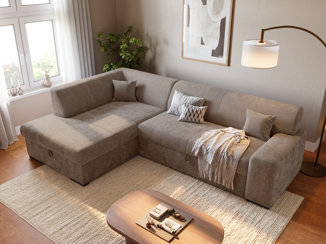 Narożnik z funkcją spania i pojemnikiem na pościel do salonu MILENZO brązowy