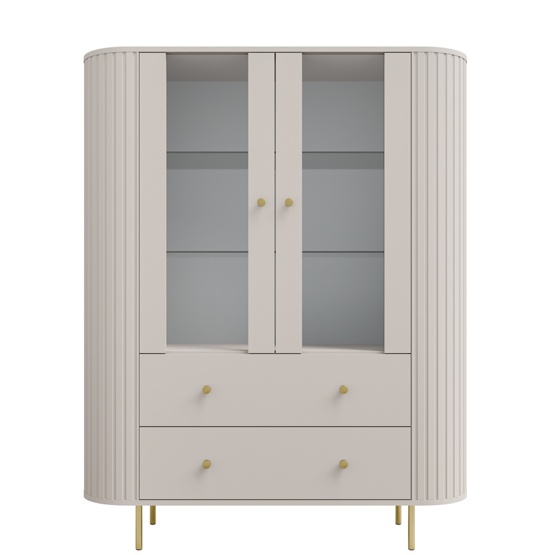 Dwudrzwiowa witryna do salonu 123 cm z szufladami OVENTO beż piaskowy