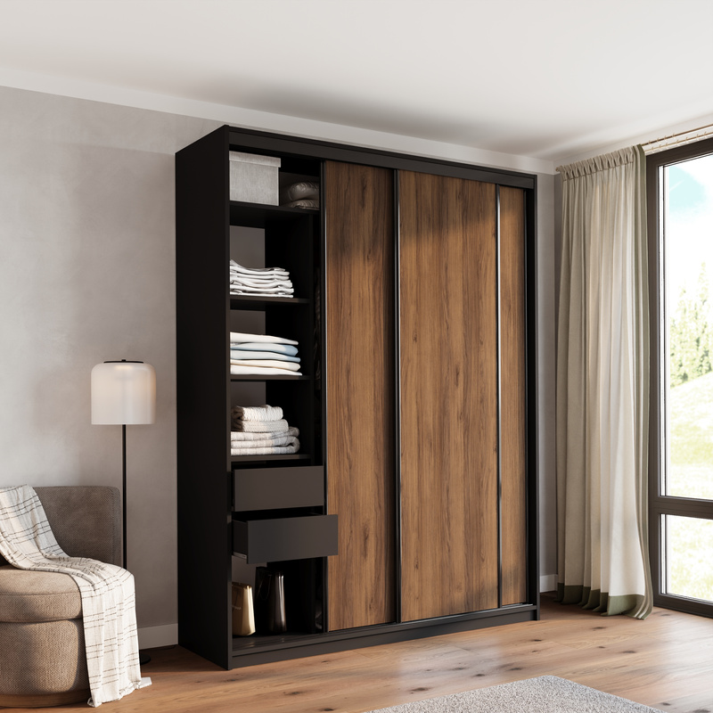 Wysoka szafa przesuwna 180 cm do sypialni LOFT MAX orzech