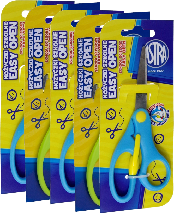 5x Nożyczki szkolne Astra Easy Open, z odbojnikiem, 13cm, 1 sztuka, na blistrze, mix kolorów