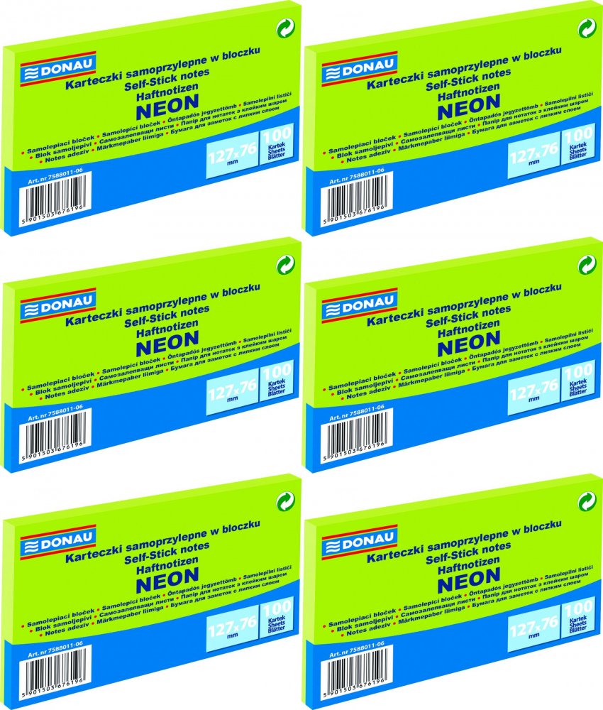 6x Notes samoprzylepny Donau 127x76mm, 100 karteczek, neonowy zielony