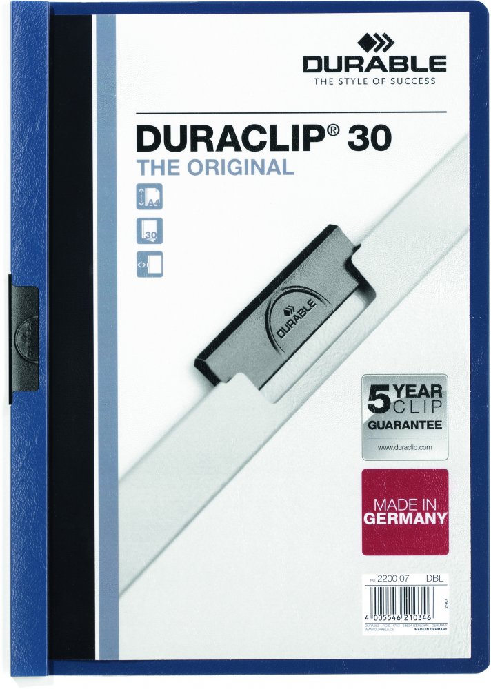 Skoroszyt plastikowy z klipsem Durable Duraclip, A4, do 30 kartek granatowy