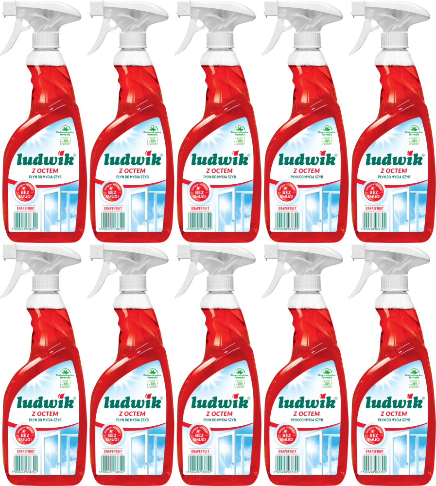 10x Płyn do mycia szyb i glazury Ludwik, z rozpylaczem, grapefruit z octem, 600ml