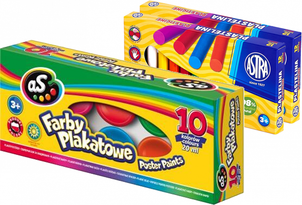 Zestaw: 2x Plastelina Astra, 12 kolorów + Farby plakatowe Astra AS, 20ml, 10 sztuk, mix kolorów