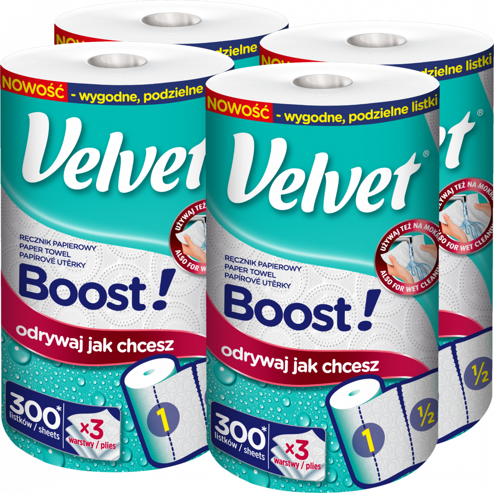 4x Ręcznik papierowy Velvet Boost, 3-warstwowy, w roli, 1 rolka, biały