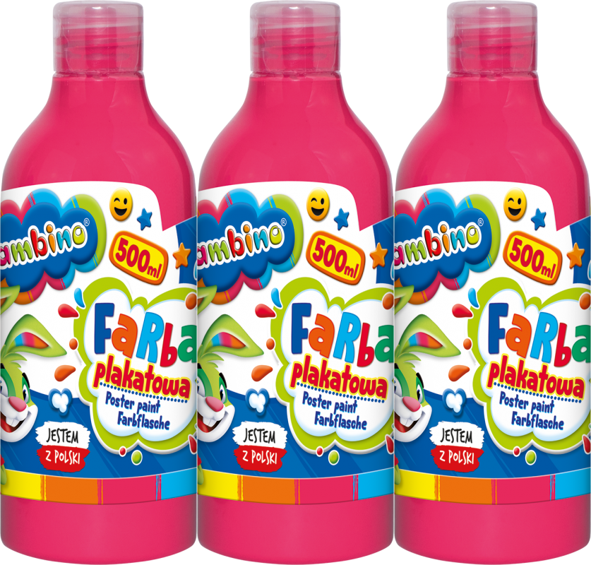 3x Farba plakatowa Bambino Zwierzaki Uczniaki, w butelce, 500ml, różowy