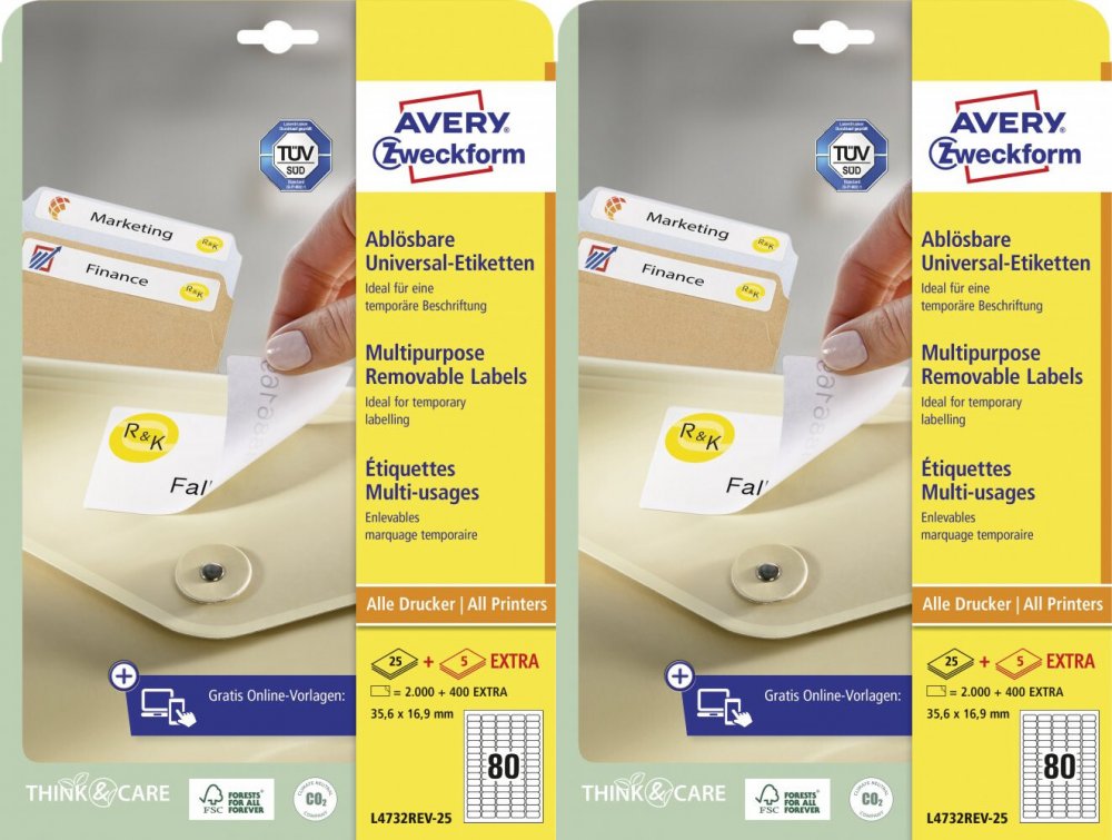 2x Etykiety samoprzylepne usuwalne Avery Zweckform, 35.6x16.9mm, 25 arkuszy + 5 gratis, biały