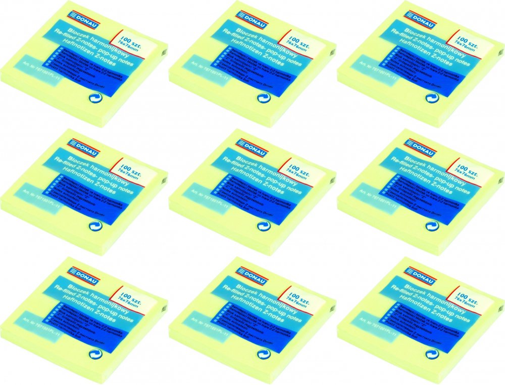 9x Karteczki samoprzylepne typu "Z" Donau, 76x76mm, 100 karteczek, żółty pastelowy