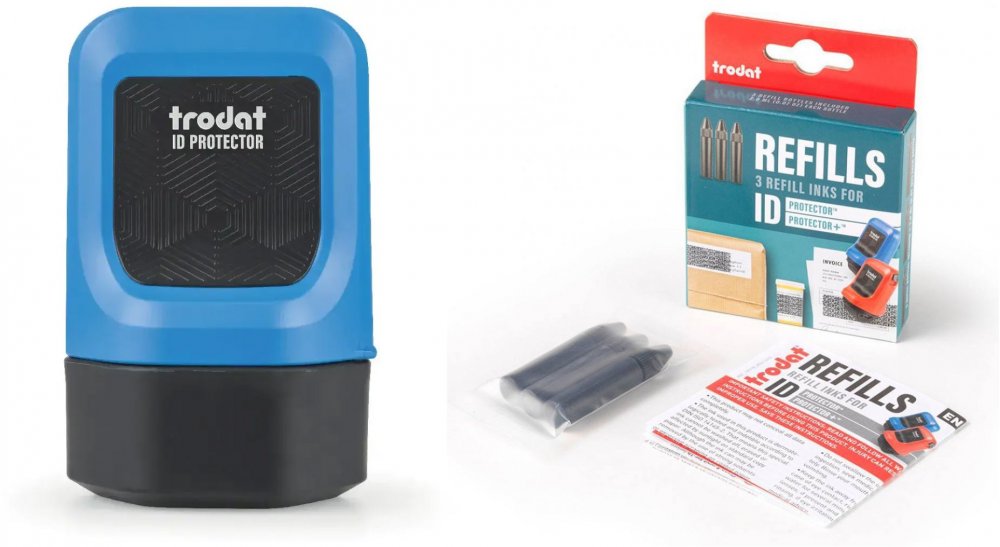 Zestaw: Rolka do zabezpieczania danych osobowych Trodat ID Protector IRF-25/IDP, obudowa niebieska, wkład czarny + wkłady uzupełniające