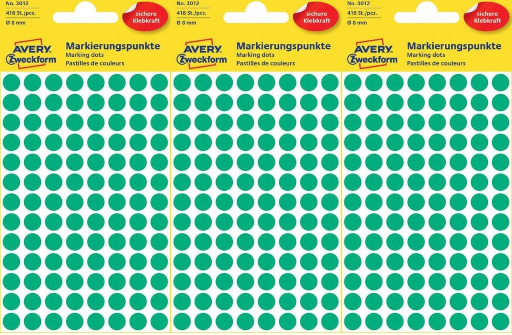 3x Etykiety oznaczeniowe Avery Zweckform, okrągłe, średnica 8mm, 416 sztuk, zielony