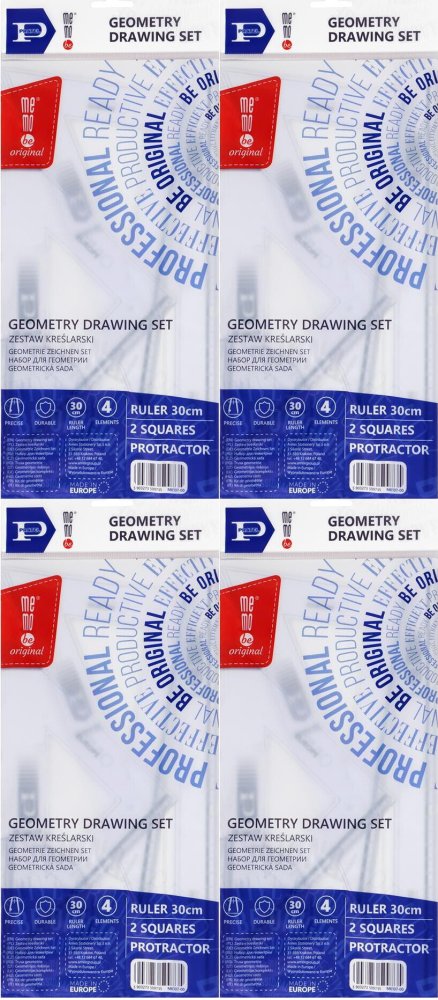 4x Zestaw kreślarski MemoBe z linijką 30cm, 4 elementy, transparentny