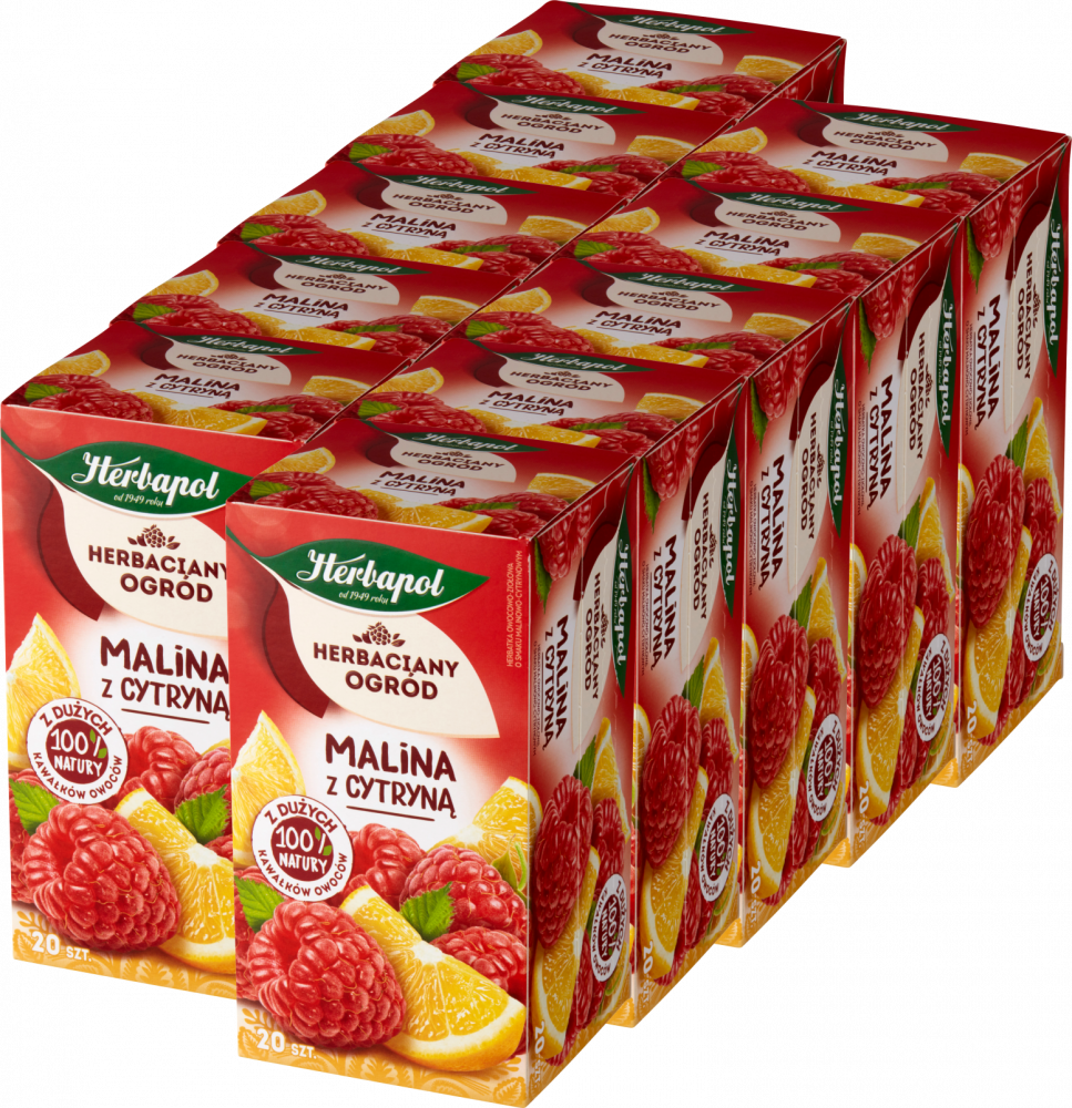 10x Herbata owocowa w torebkach Herbapol Herbaciany Ogród, malina z cytryną, 20 sztuk x 2,7g