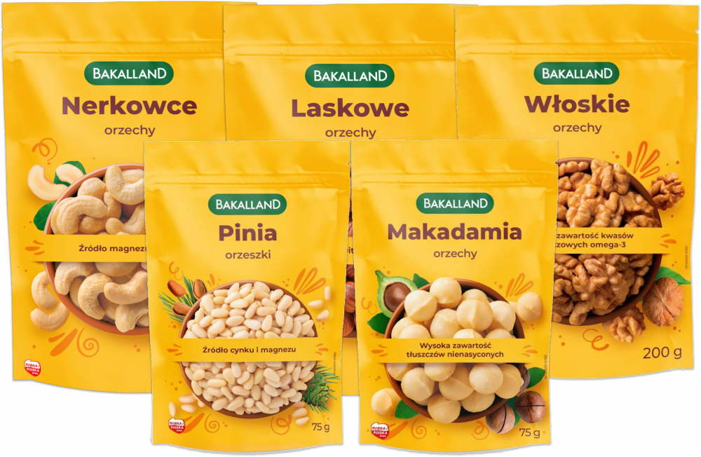Zestaw 5x Orzechy: nerkowca, włoskie, włoskie, makadamia, laskowe Bakalland
