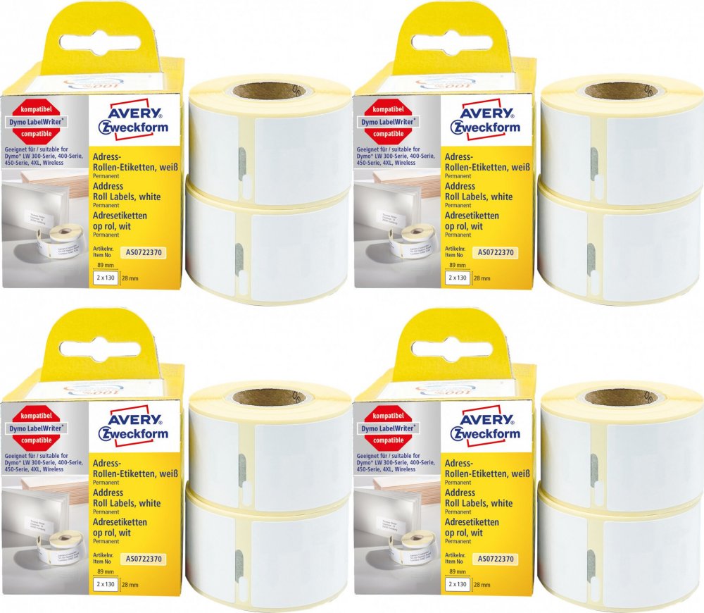 4x Etykiety adresowe do termodruku Avery Zweckform, 28x89mm, 260 etykiet, 2 rolki, biały