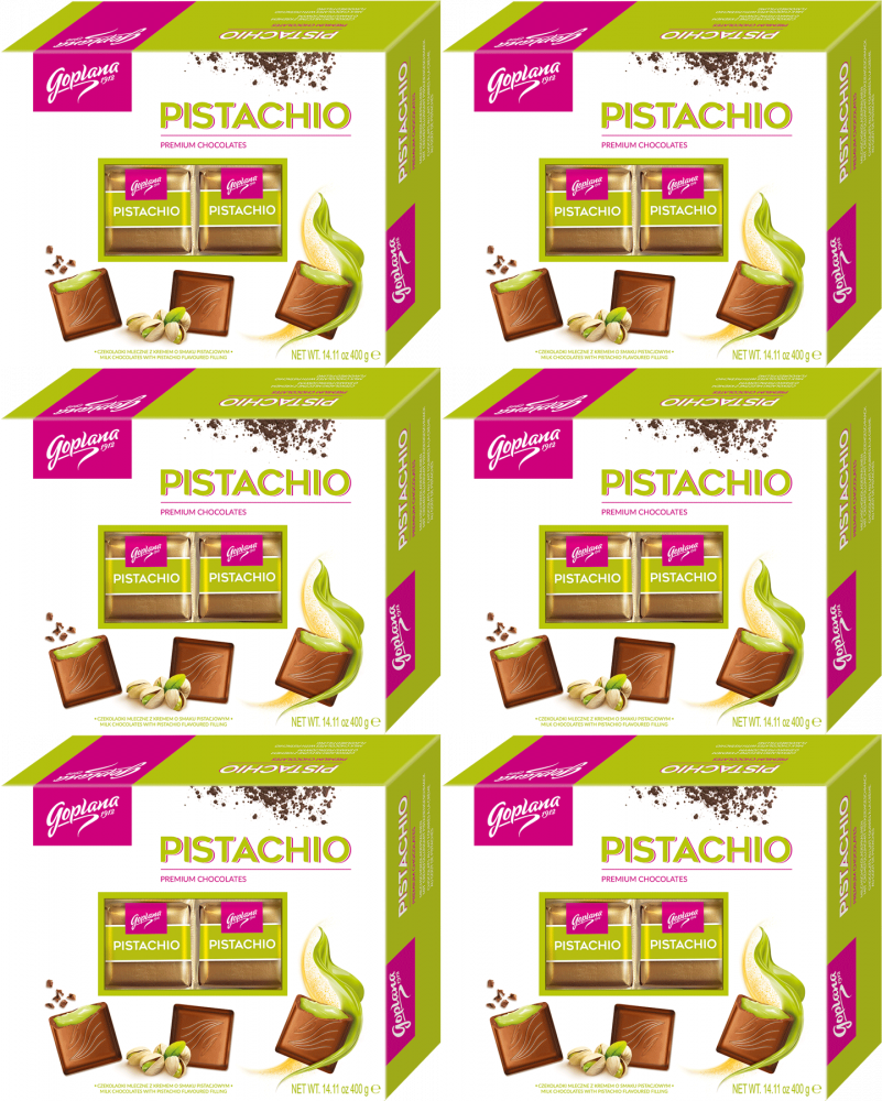 6x Bombonierka Goplana Pistachio Czekoladki z klasą, pistacjowy z nadzieniem alkoholowym, 400g