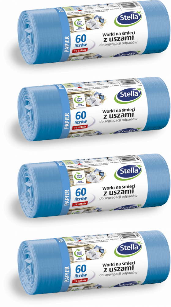 4x Worki na śmieci Stella, na papier, ekologiczne, 60l, 14 sztuk, niebieski