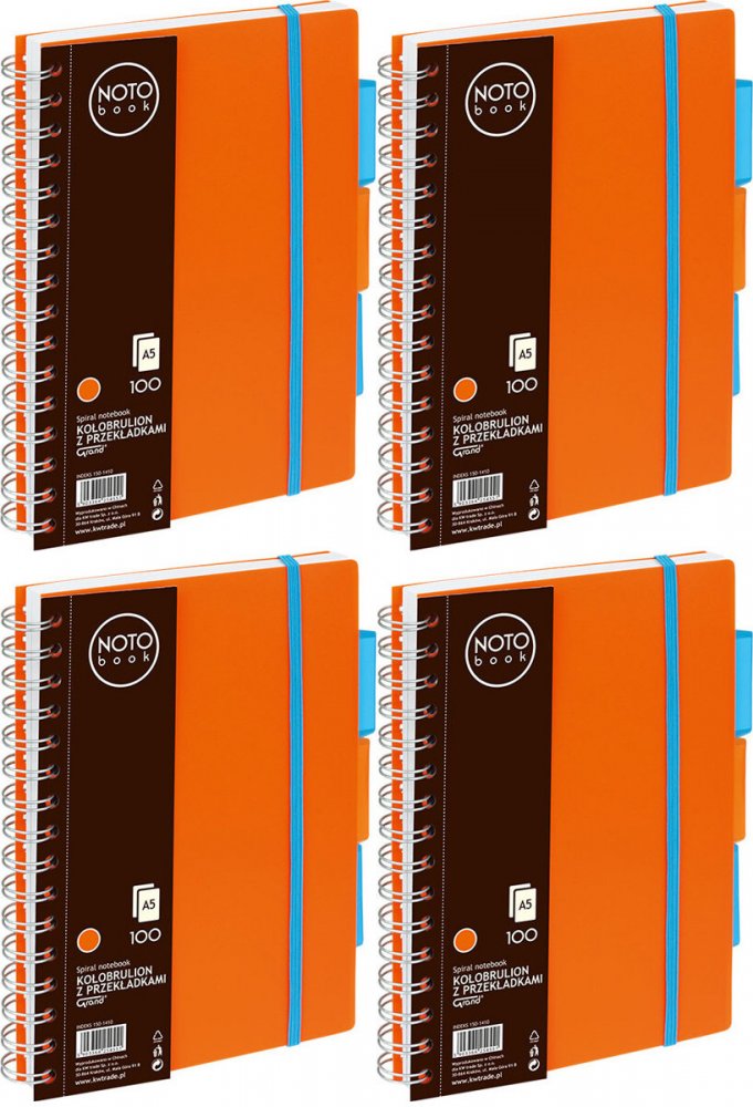4x Kołonotatnik Grand NOTOBook, A5, w kratkę, 100 kartek, okładka PP, pomarańczowy
