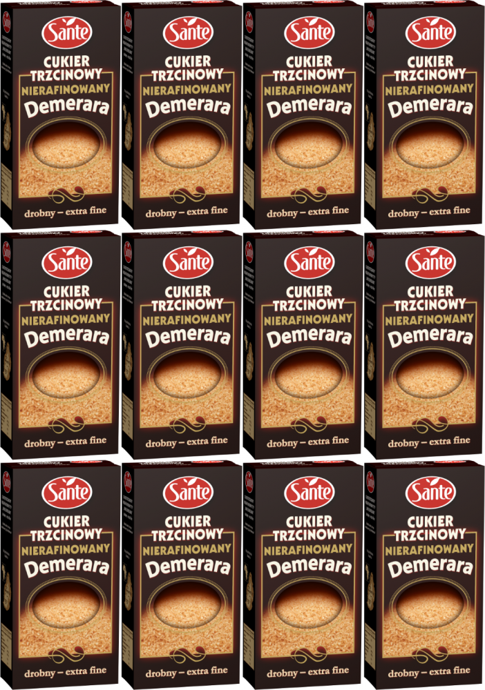 12x Cukier trzcinowy brązowy Sante Demerara, drobny, 500g