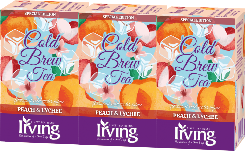 3x Herbata owocowo-ziołowa w kopertach Irving Cold Brew Tea, na zimno, brzoskwinia i liczi, 20 sztuk x 1.8g
