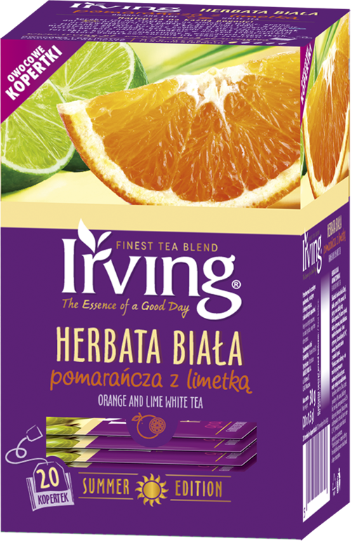 Herbata biała smakowa w kopertach Irving, pomarańcza z limetką, 20 sztuk x 1.5g