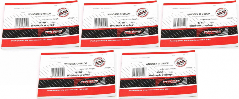 5x Druk akcydensowy Wniosek o urlop Stolgraf K-50, A6, 100k