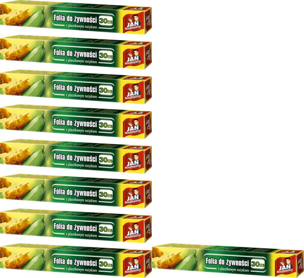 10x Folia do żywności Jan Niezbędny, pudełko z plastikowym nożykiem, 0.29 x 30m