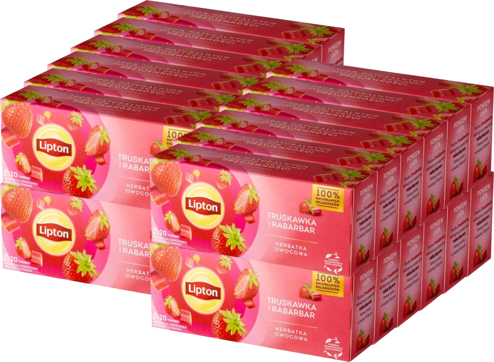 24x Herbata owocowa w torebkach Lipton, truskawka i rabarbar, 20 sztuk x 1.6g