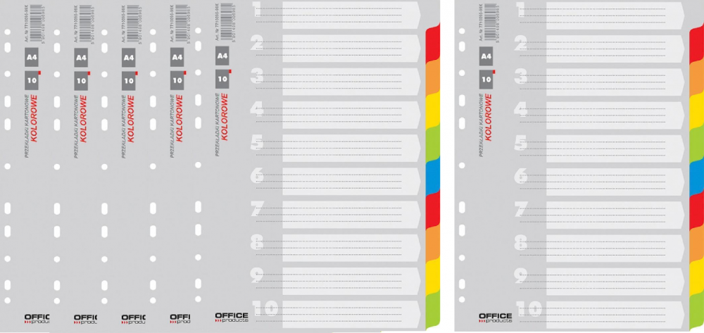10x Przekładki do segregatora Office Products, kartonowe, A4, 10 kart, mix kolorów
