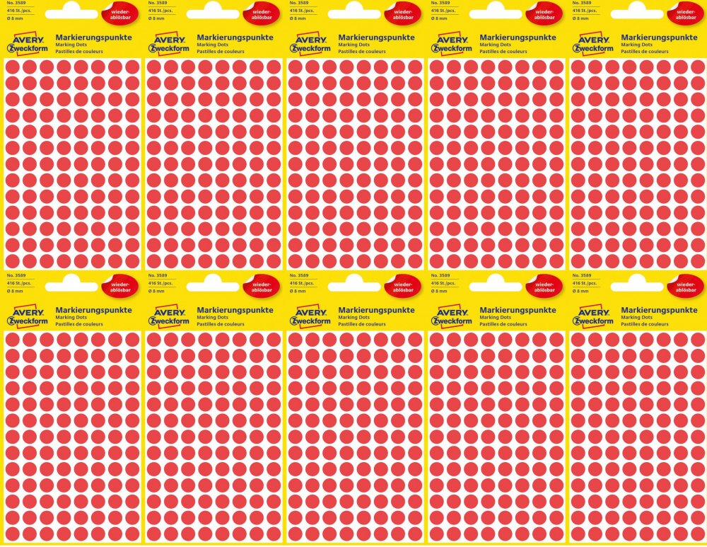 10x Etykiety usuwalne Avery Zweckform, okrągłe, średnica 8mm, 4 arkusze, 416 sztuk, czerwony