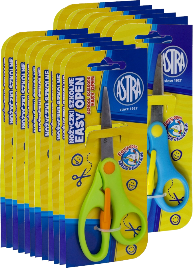 25x Nożyczki szkolne Astra Easy Open, z odbojnikiem, 13cm, 1 sztuka, na blistrze, mix kolorów