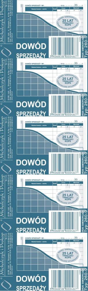 5x Druk akcydensowy dowód sprzedaży (paragon) MiP 260-9, A7, wielokopia, 80k