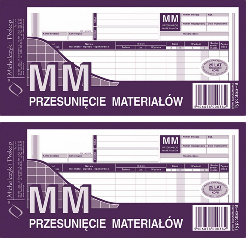 2x Druk akcydensowy MM przesunięcie międzymagazynowe materiałów MiP 355-8, 1/3 A4, wielokopia, 80k