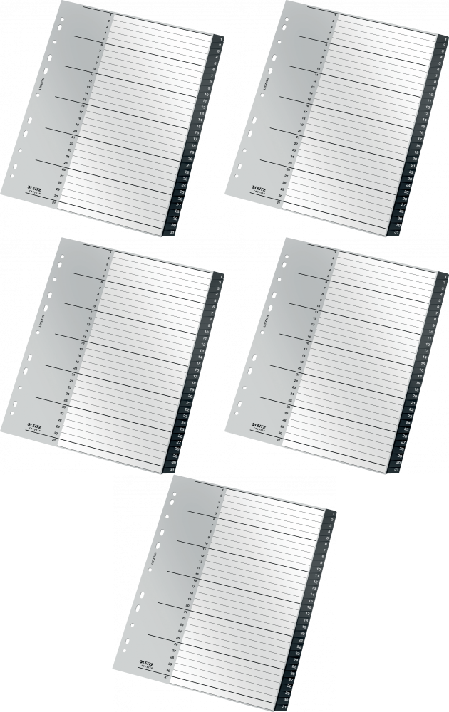 5x Przekładki do segregatora Leitz Recycle, plastikowe, numeryczne, A4 maxi, 1 - 31 kart