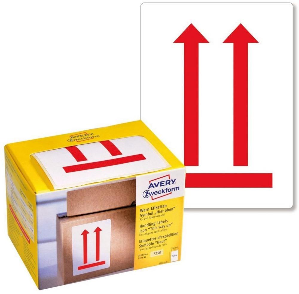 Etykiety wysyłkowe Avery Zweckform, ostrzegawcze, z nadrukiem 'Tutaj góra', 74x100mm, 200 sztuk, biały z czerwonym nadrukiem