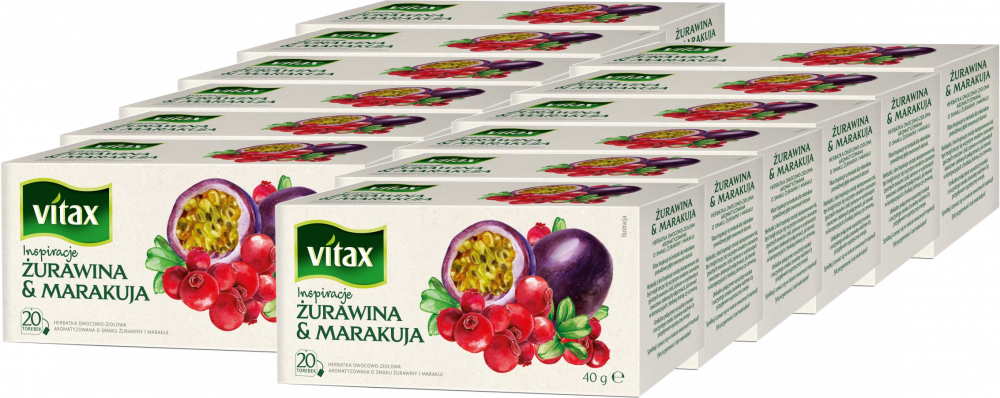 12x Herbata owocowa w torebkach Vitax Inspirations, żurawina i marakuja, 20 sztuk x 2g
