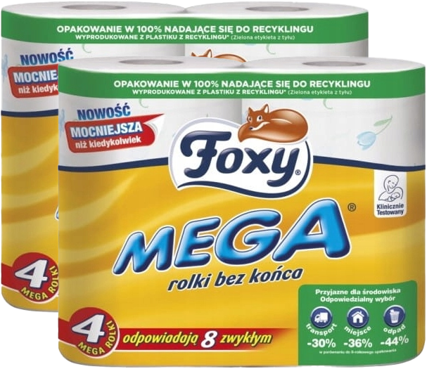 2x Papier toaletowy Foxy Mega, 3-warstwowy, 4 rolki, biały