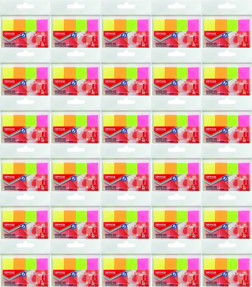 48x Zakładki samoprzylepne Office Products, proste, indeksujące , papier, 20x50mm, 4x40 sztuk, mix kolorów neonowych