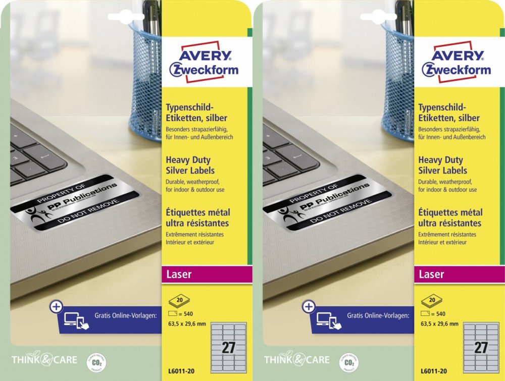 2x Etykiety znamionowe Avery Zweckform, 63.5x29.6mm, 20 arkuszy, srebrny