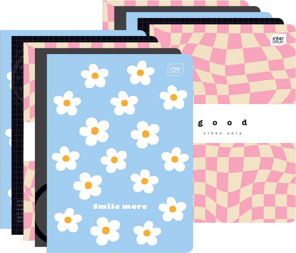 10x Zeszyt gładki Interdruk, A5, miękka oprawa, 60 kartek, mix wzorów