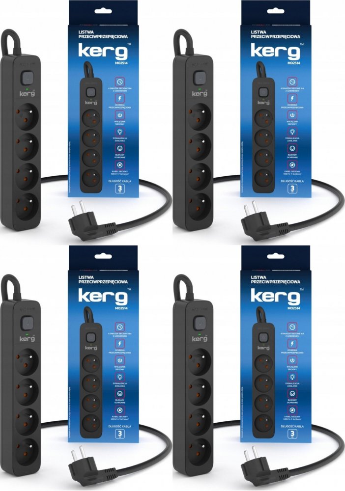 4x Listwa przeciwprzepięciowa Kerg, 3m, 4 gniazda, czarny