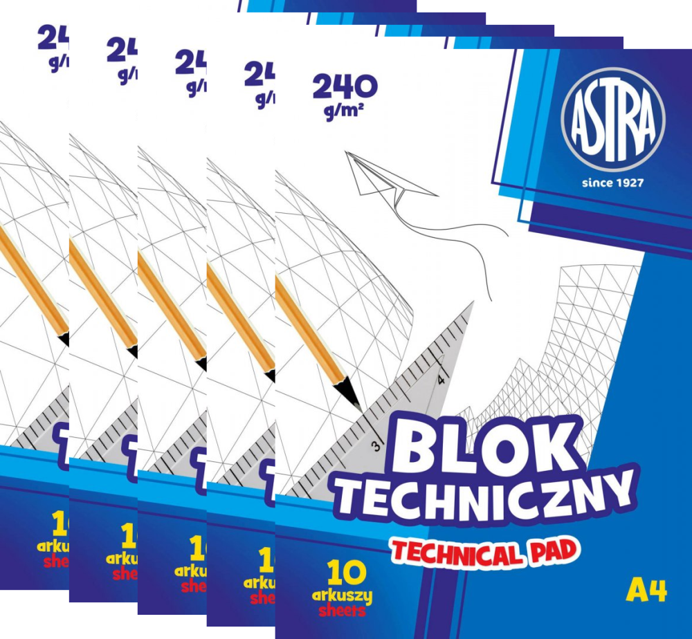 5x Blok techniczny Astra, A4, 240g, 10 kartek, biały