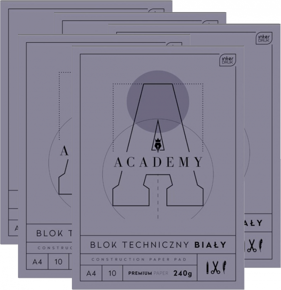 5x Blok techniczny Interdruk Academy, A4, 10 kartek, biały
