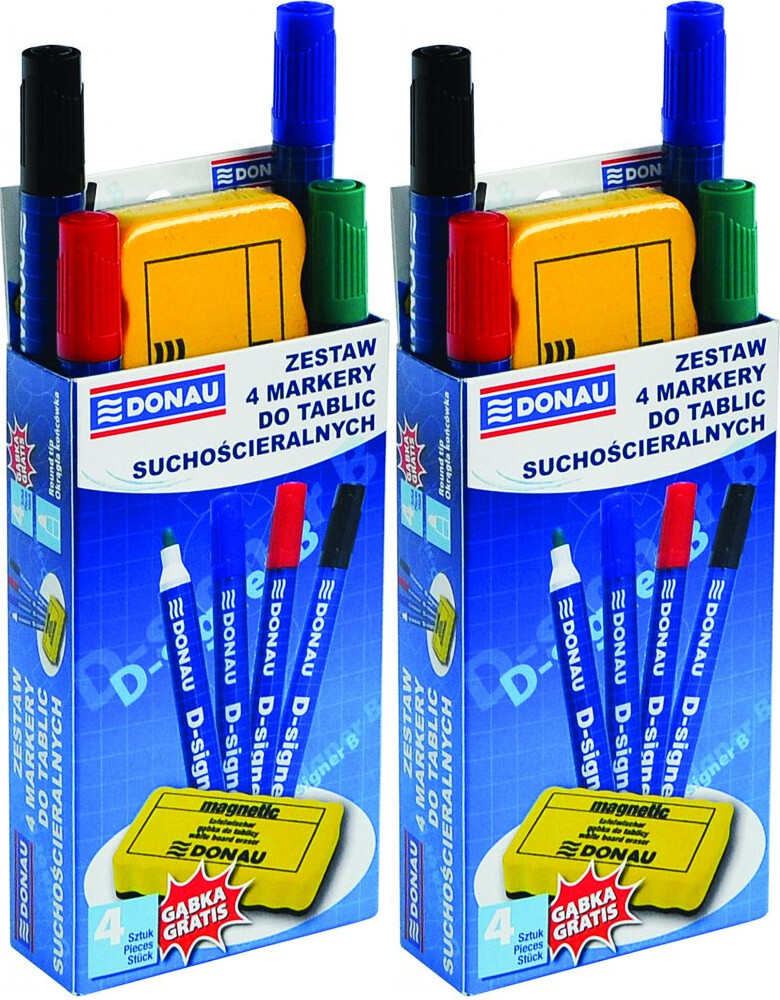 2x Marker suchościeralny Donau D-Signer B, okrągła, 4 sztuki + gąbka, mix kolorów